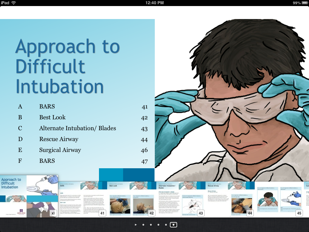 Page de présentation des chapitres de l’ebook sur les soins paramédicaux avancés, présentant la table des matières du chapitre Approche de l’intubation difficile accompagnée d’une illustration originale représentant un ambulancier paramédical effectuant une gestion des voies respiratoires