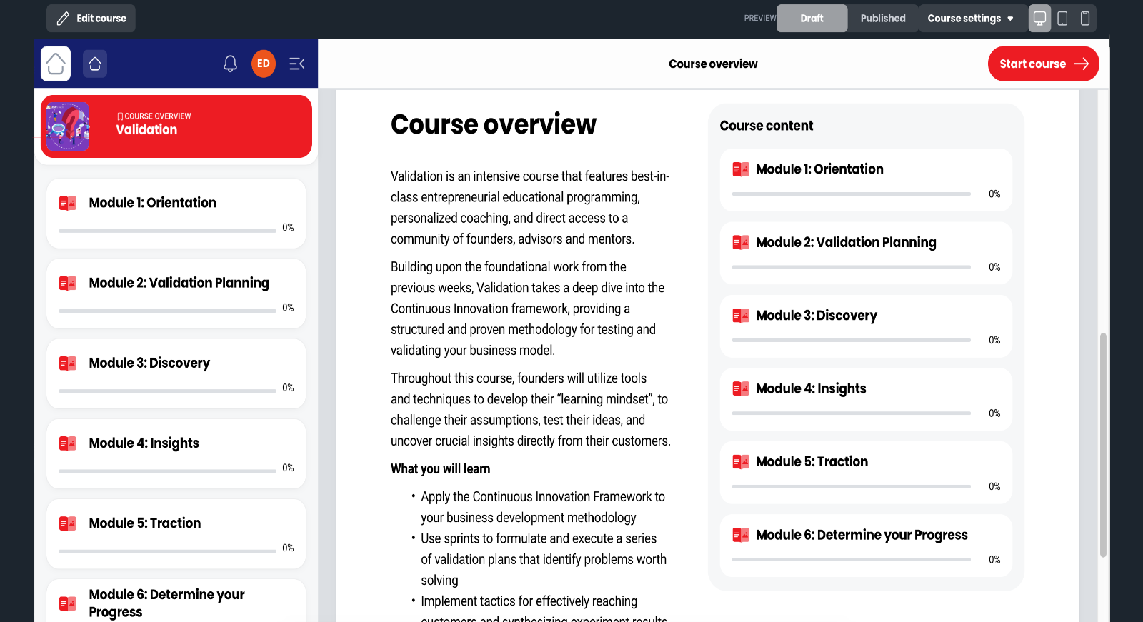Page de présentation du programme Validation dans le LMS Coassemble, présentant six modules : Orientation, Planification de la validation, Découverte, Perspectives, Traction et Évaluation de vos progrès, avec une description du cours et les résultats d’apprentissage