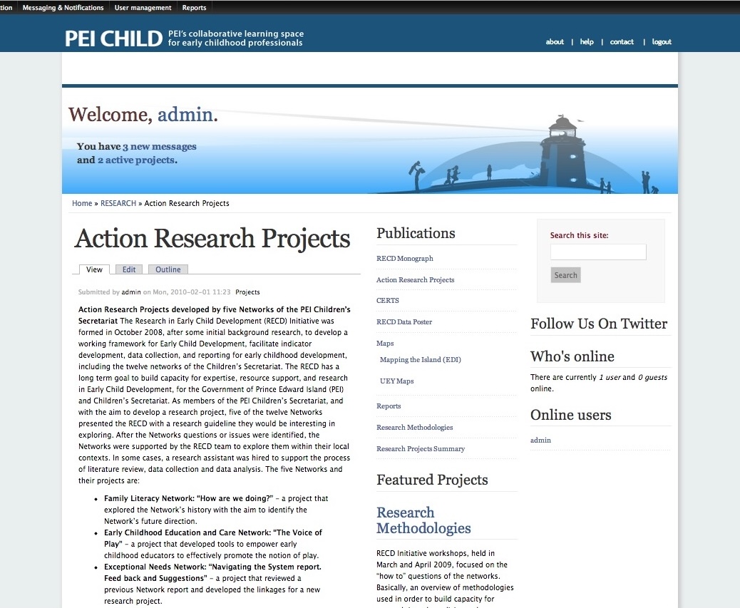 Capture d’écran du portail PEI Child tel qu’il a été développé, montrant la page Projets de recherche-action avec une mise en page en trois colonnes, une barre de navigation latérale comprenant les rubriques Publications et Projets phares, ainsi que des fonctionnalités sociales incluant les utilisateurs en ligne et les conversations récentes